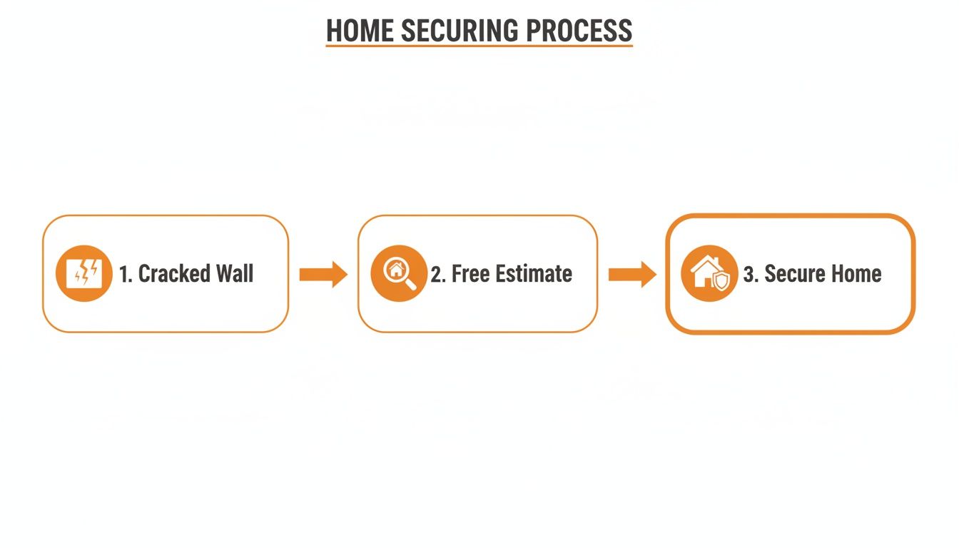 A three-step diagram illustrates the home securing process: cracked wall, free estimate, and secure home.