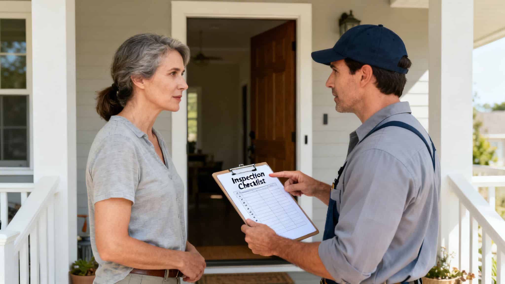 Home inspector in a blue cap showing an inspection checklist to a female homeowner on her porch.