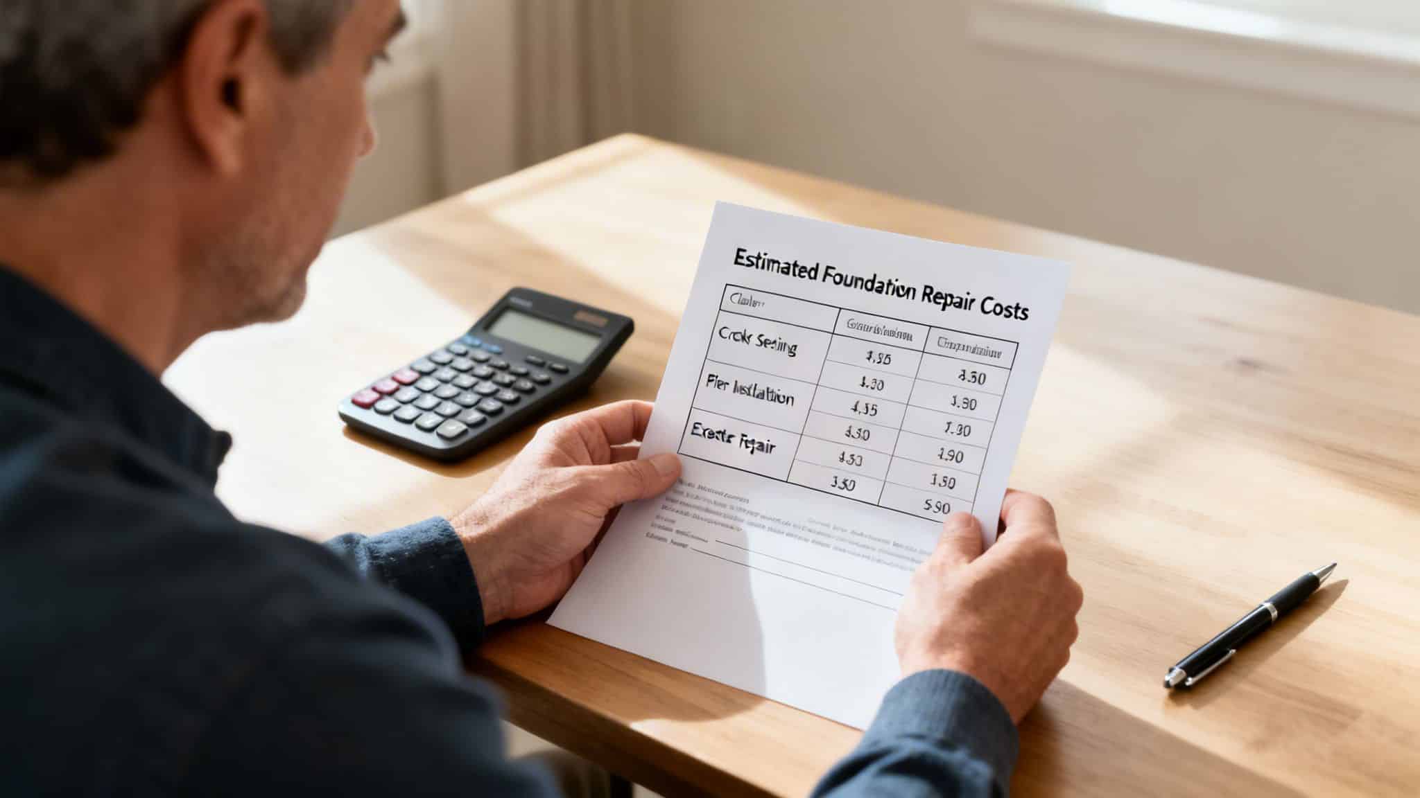 A person reviews an estimated foundation repair cost document, with a calculator nearby on a wooden desk.