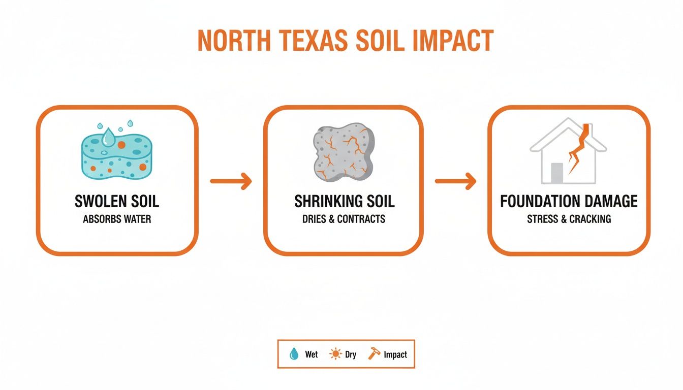 Diagram showing how North Texas soil cycles from swollen to shrinking, causing house foundation damage.